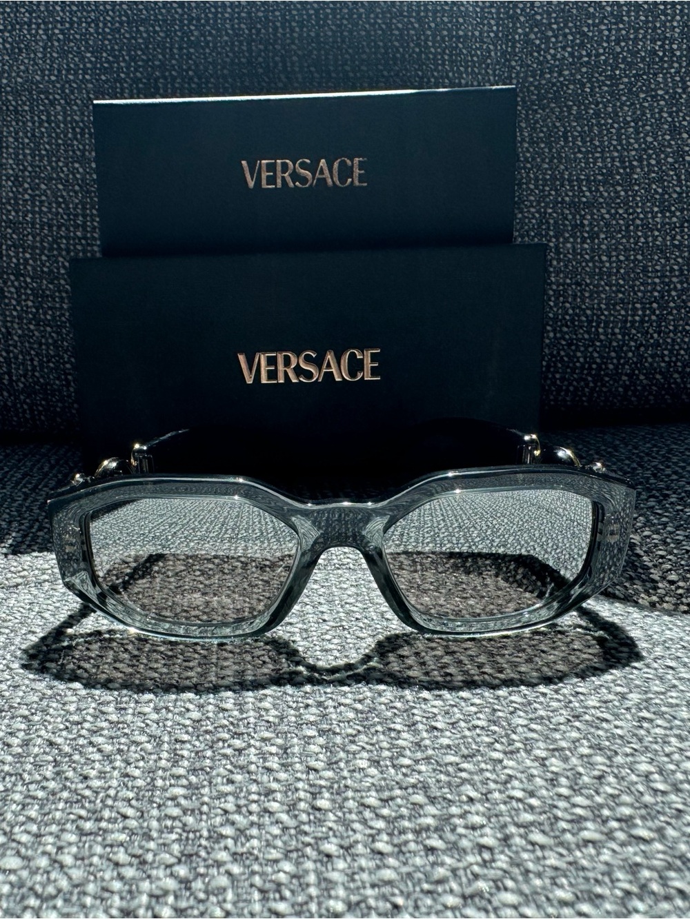 Versace Women's Clear Gray Crystal Rectangle Sunglasses